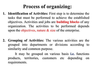 Process of organizing:
1. Identification of Activities: First step is to determine the
tasks that must be performed to achieve the established
objectives. Activities and jobs are building blocks of any
organization. The activities to be performed depends
upon the objectives, nature & size of the enterprise.
2. Grouping of Activities: The various activities are the
grouped into departments or divisions according to
similarity and common purpose.
It may be grouped on various basis i.e. functions
products, territories, customers etc depending on
requirements.
 