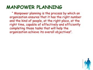 MANPOWER PLANNING
“ Manpower planning is the process by which an
organization ensures that it has the right number
and the kind of people, at the right place, at the
right time, capable of effectively and efficiently
completing those tasks that will help the
organization achieve its overall objectives”.
 