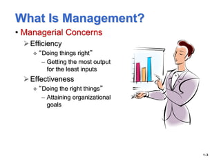 What Is Management?
• Managerial Concerns
Efficiency
 “Doing things right”
– Getting the most output
for the least inputs
Effectiveness
 “Doing the right things”
– Attaining organizational
goals
1–3
 