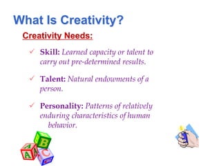 What Is Creativity?
Creativity Needs:
 Skill: Learned capacity or talent to
carry out pre-determined results.
 Talent: Natural endowments of a
person.
 Personality: Patterns of relatively
enduring characteristics of human
behavior.
 