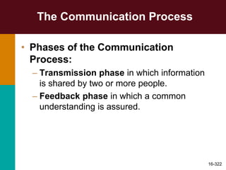 The Communication Process
• Phases of the Communication
Process:
– Transmission phase in which information
is shared by two or more people.
– Feedback phase in which a common
understanding is assured.
16-322
 