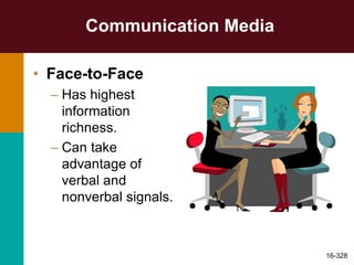 Communication Media
• Face-to-Face
– Has highest
information
richness.
– Can take
advantage of
verbal and
nonverbal signals.
16-328
 
