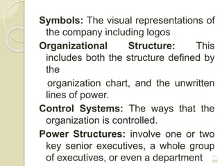 Symbols: The visual representations of
the company including logos
Organizational Structure: This
includes both the structure defined by
the
organization chart, and the unwritten
lines of power.
Control Systems: The ways that the
organization is controlled.
Power Structures: involve one or two
key senior executives, a whole group
of executives, or even a department 1–
366
 