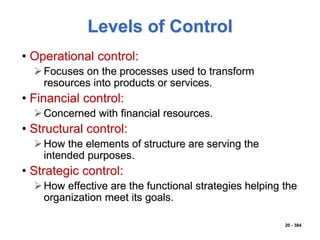 Levels of Control
• Operational control:
Focuses on the processes used to transform
resources into products or services.
• Financial control:
Concerned with financial resources.
• Structural control:
How the elements of structure are serving the
intended purposes.
• Strategic control:
How effective are the functional strategies helping the
organization meet its goals.
20 - 384
 