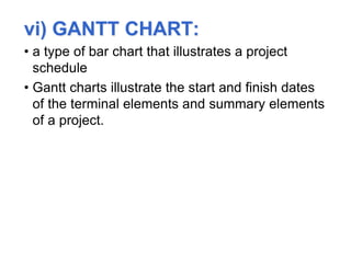 vi) GANTT CHART:
• a type of bar chart that illustrates a project
schedule
• Gantt charts illustrate the start and finish dates
of the terminal elements and summary elements
of a project.
 