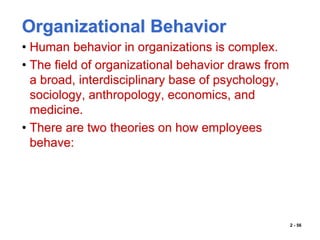Organizational Behavior
• Human behavior in organizations is complex.
• The field of organizational behavior draws from
a broad, interdisciplinary base of psychology,
sociology, anthropology, economics, and
medicine.
• There are two theories on how employees
behave:
2 - 56
 