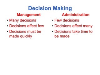 Decision Making
Management
• Many decisions
• Decisions affect few
• Decisions must be
made quickly
Administration
• Few decisions
• Decisions affect many
• Decisions take time to
be made
 