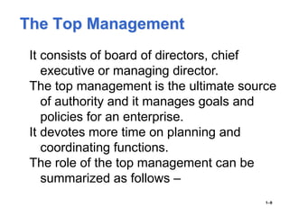 The Top Management
1–9
It consists of board of directors, chief
executive or managing director.
The top management is the ultimate source
of authority and it manages goals and
policies for an enterprise.
It devotes more time on planning and
coordinating functions.
The role of the top management can be
summarized as follows –
 