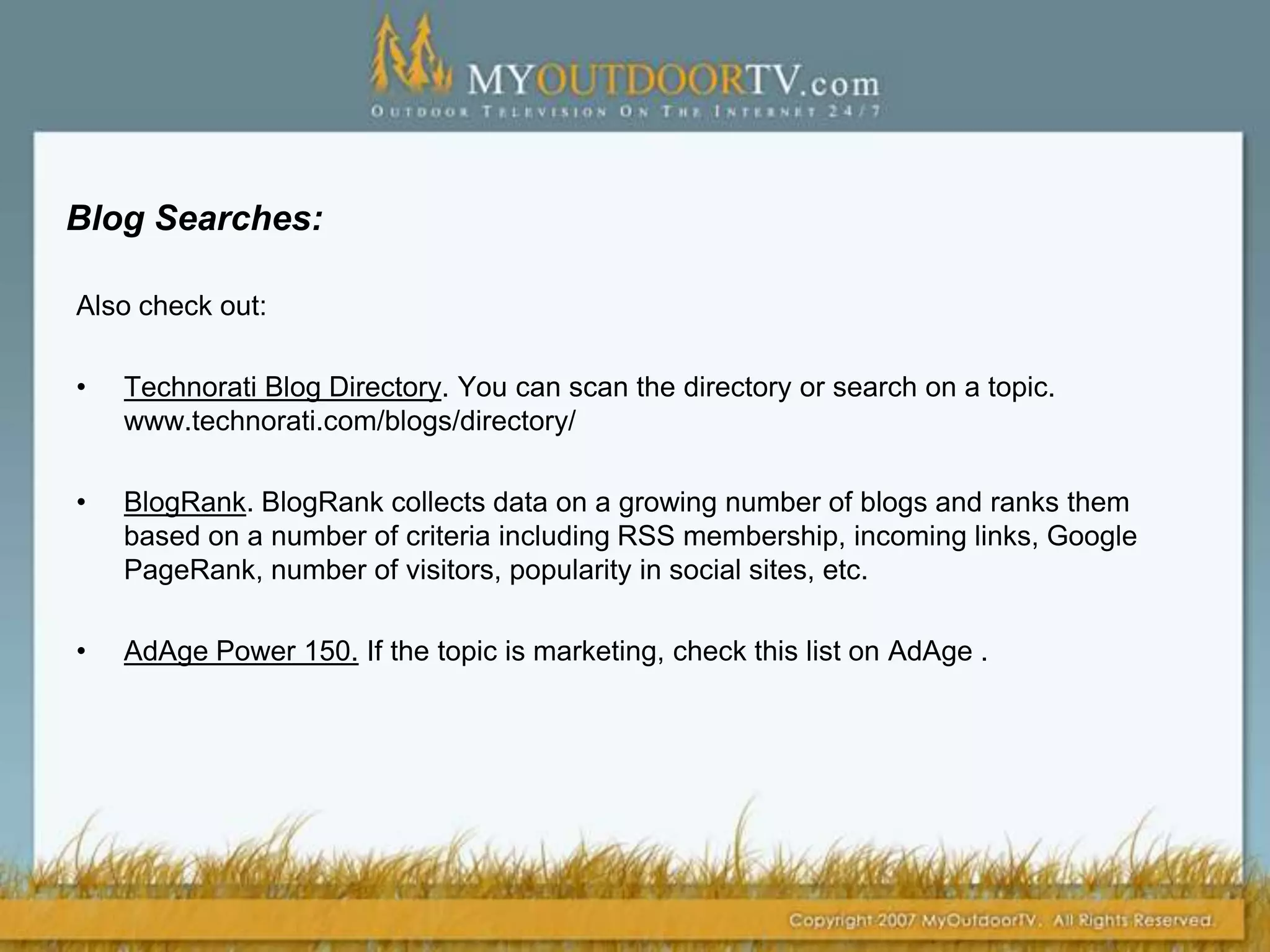 When people search keywords relating to your work, get your “sites” to show up on first page of results.Build Your Online Assets  - Your Media List:Here are steps to take to identify third party websites to focus on for article marketing. 
