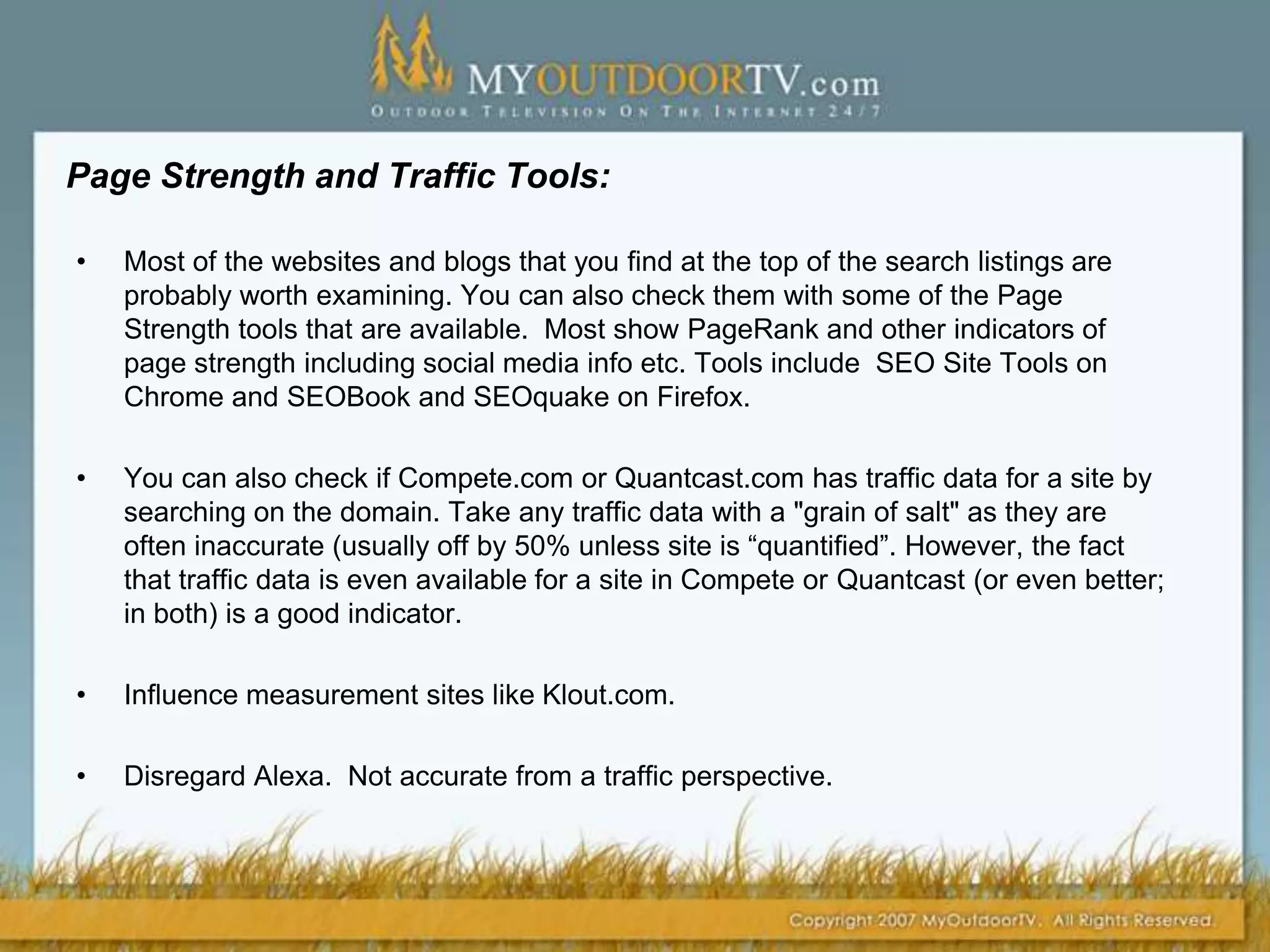 Check the links on major industry sites:Look at websites that link to the top known competitors in the space as well as those sites ranking high in searches on important keyword phrases. Examine the Incoming LinksIn-bound links are one of the top ranking factors by search engines.  Run one or more link tools on industry sites and their blogs if they are not part of the site, as well as sites ranking high for your important keywords etc.Some of these sites will be industry news, magazines, blogs, etc. Add these to your media list and gather information about them now or later.