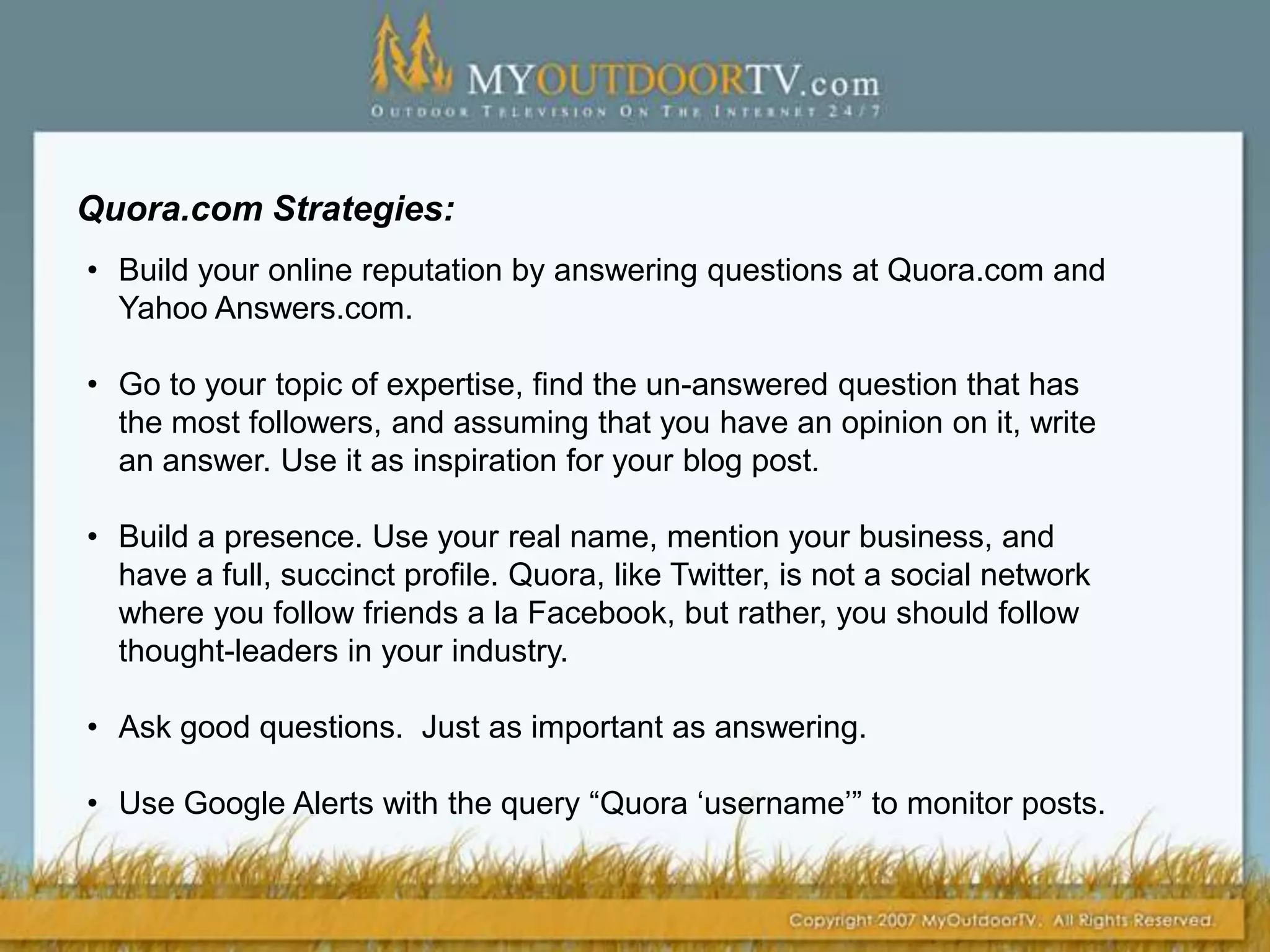 LinkedIn Strategies:Groups – join groups in your niche and participate with no sales pitching. If you’re helpful, they are more than likely going to check out your profile.Profile- Profile is an in-depth resume. Profile should have links to website, blog, and other social networks. Add-on Applications - Link up your blog to your Profile page. There are applications to showcase PowerPoint presentations or other portfolio work. Answers - Section where people post questions in different categories and anyone can answer them. Great source for getting ideas about blog posts/material for products-like reports or other services.Network with Peers - If you find the right group, you can get some really helpful information on resources, etc.