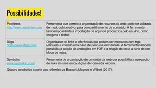 Possibilidades!
Pearltrees
http://www.pearltrees.com
Ferramenta que permite a organização de recursos da web; pode ser utilizada
de modo colaborativo, para compartilhamento de conteúdo. A ferramenta
também possibilita a importação de arquivos produzidos pelo usuário, como
imagens e textos.
Diigo
https://www.diigo.com
Organizador de links e referências que podem ser marcados com tags
(etiquetas), criando uma base de pesquisa estruturada. A ferramenta também
possibilita a adição de anotações em PDF e a criação de texto a partir de um
bloco de notas.
Symbaloo
www.symbaloo.com/
Ferramenta de organização de conteúdo da web que possibilita a agregação
de links em uma única página denominada webmix.
Quadro construído a partir das reflexões de Bassani, Magnus e Wilbert (2017).
 