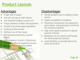 Page 16
Advantages
 A high rate of output
 Low unit cost due to high volume
 Low material-handling cost per unit
 A high utilization of labor and equipment
 Smooth and uninterrupted operations
 Continuous flow of work
 Optimum use of floor space
 Shorter processing time or quicker
output
 Less congestion of work in the process
 Simple and effective inspection of work
and simplified production control
Disadvantages
 Morale problems due to repetitive stress
injuries.
 Highly susceptible to shutdowns
 Preventive maintenance, the capacity for
quick repairs, and spare-parts inventories
are necessary expenses
 High initial capital investment in special
purpose machine
 Breakdown of one machine will hamper
the whole production process
 Lesser flexibility as specially laid out for
particular product.
Product Layouts
 