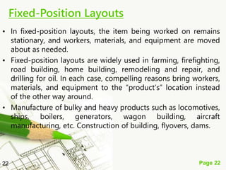Page 22
Fixed-Position Layouts
• In fixed-position layouts, the item being worked on remains
stationary, and workers, materials, and equipment are moved
about as needed.
• Fixed-position layouts are widely used in farming, firefighting,
road building, home building, remodeling and repair, and
drilling for oil. In each case, compelling reasons bring workers,
materials, and equipment to the “product’s” location instead
of the other way around.
• Manufacture of bulky and heavy products such as locomotives,
ships, boilers, generators, wagon building, aircraft
manufacturing, etc. Construction of building, flyovers, dams.
22
 