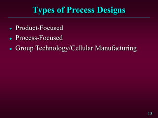 13
Types of Process Designs
 Product-Focused
 Process-Focused
 Group Technology/Cellular Manufacturing
 