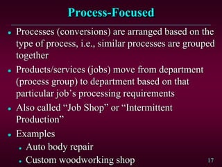 17
Process-Focused
 Processes (conversions) are arranged based on the
type of process, i.e., similar processes are grouped
together
 Products/services (jobs) move from department
(process group) to department based on that
particular job’s processing requirements
 Also called “Job Shop” or “Intermittent
Production”
 Examples
 Auto body repair
 Custom woodworking shop
 