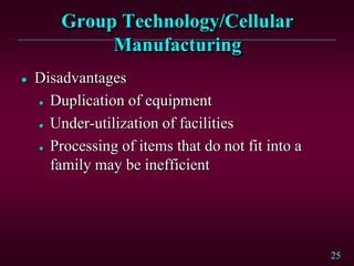 25
Group Technology/Cellular
Manufacturing
 Disadvantages
 Duplication of equipment
 Under-utilization of facilities
 Processing of items that do not fit into a
family may be inefficient
 