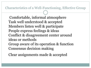 Characteristics of a Well-Functioning, Effective Group
-
Comfortable, informal atmosphere
Task well understood & accepted
Members listen well & participate
People express feelings & ideas
Conflict & disagreement center around
ideas or methods
Group aware of its operation & function
Consensus decision making
Clear assignments made & accepted
 