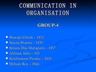 COMMUNICATION IN ORGANISATION ,[object Object],[object Object],[object Object],[object Object],[object Object],[object Object],[object Object]