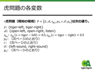 ⻁問題の各変数
• ⻁問題（既知の環境）P = 𝒮, 𝒜, 𝑠!!
, 𝑝", 𝑟, 𝒪, 𝑝# は次の通り。
𝒮: {tiger-left, tiger-right}
𝒜: {open-left, open-right, listen}
𝑠!!
: 𝑠!!
𝑠 = tiger − left = 0.5, 𝑠!!
𝑠 = tiger − right = 0.5
𝑝": （次ページのとおり）
𝑟: （次ページのとおり）
𝒪: {left-sound, right-sound}
𝑝#: （次ページのとおり）
 