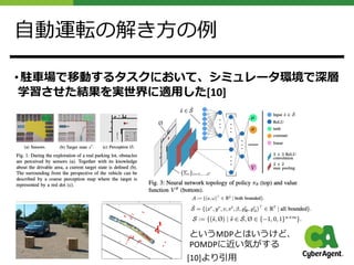 ⾃動運転の解き⽅の例
• 駐⾞場で移動するタスクにおいて、シミュレータ環境で深層
学習させた結果を実世界に適⽤した[10]
というMDPとはいうけど、
POMDPに近い気がする
[10]より引⽤
 