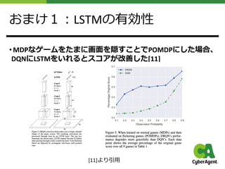 おまけ１︓LSTMの有効性
• MDPなゲームをたまに画⾯を隠すことでPOMDPにした場合、
DQNにLSTMをいれるとスコアが改善した[11]
[11]より引⽤
 
