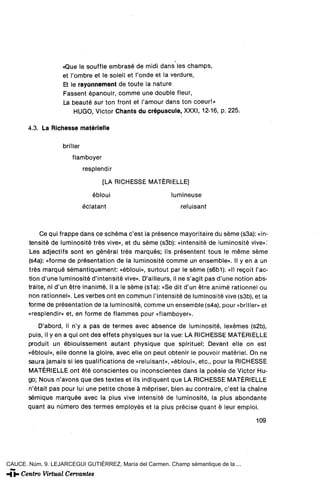 «Que le souffle embrasé de midi dans les champs,
                   et l'ombre et le soleil et l'onde et la verdure,
                   Et le rayonnement de toute la nature
                   Fassent épanouir, comme une double fleur,
                   La beauté sur ton front et l'amour dans ton coeur!»
                        HUGO, Victor Chants du crépuscule, XXXI, 12-16, p. 225.

       4.3. La Richesse matérielle

                   briller
                       flamboyer
                             resplendir

                                   [LA RICHESSE MATÉRIELLE]

                                ébloui                     lumineuse
                             éclatant                         reluisant



            Ce qui frappe dans ce schéma c'est la présence mayoritaire du séme (s3a): «in-
       tensité de luminosité tres vive», et du séme (s3b): «intensité de luminosité vive»."
        Les adjectifs sont en general tres marqués; ils présentent tous le méme séme
       (s4a): «forme de présentation de la luminosité comme un ensemble». II y en a un
       tres marqué sémantiquement: «ébloui», surtout par le séme (s6b1): «II regoit l'ac-
       tion d'une luminosité d'intensité vive». D'ailleurs, il ne s'agit pas d'une notion abs-
       traite, ni d'un étre inánime. II a le séme (s1a): «Se dit d'un étre animé rationnel ou
       non rationnel». Les verbes ont en commun l'intensité de luminosité vive (s3b), et la
       forme de présentation de la luminosité, comme un ensemble (s4a), pour «briller» et
       «resplendir» et, en forme de flammes pour «flamboyer».

           D'abord, il n'y a pas de termes avec absence de luminosité, lexémes (s2b),
       puis, il y en a qui ont des effets physiques sur la vue: LA RICHESSE MATÉRIELLE
       produit un éblouissement autant physique que spirituel; Devant elle on est
       «ébloui», elle donne la gloire, avec elle on peut obtenir le pouvoir matériel. On ne
       saura jamáis si les qualifications de «reluisant», «ébloui», etc., pour la RICHESSE
       MATÉRIELLE ont été conscientes ou inconscientes dans la poésie de Victor Hu-
       go; Nous n'avons que des textes et ils indiquent que LA RICHESSE MATÉRIELLE
       n'était pas pour lui une petite chose á mépriser, bien au contraire, c'est la chame
       sémique marquée avec la plus vive intensité de luminosité, la plus ahondante
       quant au número des termes employés et la plus precise quant é Ieur empioi.

                                                                                         109




CAUCE. Núm. 9. LEJARCEGUI GUTIÉRREZ, María del Carmen. Champ sémantique de la ...
 