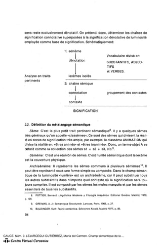sens reste exclusivement dénotatif. On prétend, done, déterminer les chaínes de
              signification connotative superposées á la signification dénotative de luminosité
              employée comme base de signification. Schématiquement:

                                                  1: séméme
                                                                                       Vocabulaire divisé en:
                                                     dénotation
                                                                                       SUBSTANTIFS, ADJEC-
                                                                                       TIFS
                                                                                       et VERBES.
              Analyse en traits                      lexémes ¡soles
              pertinents
                                                  2: chaíne sémique

                                                           I                           groupement des contextes
                                                     connotation
                                                           i
                                                      contexte

                                                         SIGNIFICATION



              22. Définition du métalangage sémantique
                  Séme: C'est le plus petit trait pertinent sémantique8. II y a quelques sémes
              tres généraux qu'on appelle «classémes»; Ce sont des sémes qui divisent la réali-
              té en zones de signification tres ampie, par exemple, le classéme ANIMATION qui
              divise la réalité en: «étres animes» et «étres inánimes». Done, un terme-objet A se
              définit comme la collection des sémes s1 + s2 + s3, etc.9.

                 Séméme: C'est une reunión de sémes. C'est l'unité sémantique dont le lexéme
              est la couverture physique.
                  Archiséméme: II représente les sémes communs á plusieurs sémémes10. II
              peut étre representé sous une forme simple ou composée. Dans le champ séman-
              tique de la luminosité «lumiére» est un archiséméme, car il peut substituer tous
              les autres substantifs dans n'importe quel contexte oü la signification sera tou-
              jours comprise. II est composé par les sémes les moins marqués et par les sémes
              essentiels de tous les substantifs.
                    8.   POTTIER, Bernard: Lingüística Moderna y Filología Hispánica. Editorial Gredos, Madrid, 1970,
              p. 120.
                    9.   GREIMAS, A. J.: Sémantique Slructurale. Larouse, Paris, 1966, p. 27.

                   10.   BALDINGER, Kurt: Teoría semántica. Ediciones Alcalá, Madrid 1977, p. 85.

              94




CAUCE. Núm. 9. LEJARCEGUI GUTIÉRREZ, María del Carmen. Champ sémantique de la ...
 