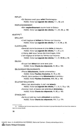 REFLET:
                         «Oü Salomón avait pour reflet Charlemagne;»
                            HUGO, Víctor La Légende des siécles, T. 1., 92, p.9.
                   RESPLENDISSEMENT:
                         «Mon resplendissement couvre toute la Gréce;»
                           HUGO, Victor La Légende des siécles, T. I, XII, 95, p. 195

             ADJETIFS13:
                   BRILLANT:
                         «L'oeil tragique et brillant du fiévreux qui mourra;»
                             HUGO, Victor La Légende des siécles, T. I. IV, 96, p. 55.
                   CLAIR-CLAIRE;
                          «Devenait moins brumeuse et plus claire, á mesure.»
                             HUGO, Victor La Légende des siécles, T. I, 47, p. 8.
                          «L'étang, clair sous Tamas des branchages, imite
                          L'oeil tragique et brillant du fiévreux qui mourra;»
                              HUGO, Victor La Légende des siécles, T. I, IV, 95-96, p. 55.
                   ÉBLOUI:
                          «Et que l'oeil ébloui doit errer avec joie»
                             HUGO, Victor Chants du crépuscule, IV, 89, p. 163.
                   ÉBLOUISSANT-ÉBLOUISSANTE:
                         «Phares éblouissants, clartés universelles,»
                            HUGO, Victor Feuilles d'automne, XI, 70, p. 63.
                         «Tantót, dans quelque mine éblouissante et sombre,»
                            HUGO, Victor Feuilles d'automne, XXX, 59, p. 100.
                   ÉCLATANT-ÉCLATANTE:
                         «Mais c'est abominable, ó ciel! ciel éclant!»
                            HUGO, Victor La Légende des siécles, T. I, VI, II, 75 p. 135.
                         «Comme il doit, á travers ees splendeurs éclatantes,»
                            HUGO, Victor Chants du crépuscule, IV, 85, p; 163.
                   ÉTINCELANT:
                         «Qu'ils ont jeté leur lustre étincelant ou sombre,»
                            HUGO, Victor Chants du crépuscule, VIII, 7, p. 174.


                  13. L'absence des formes masculines ou féminines dans le groupe des adjectifs est due á leur absence
              dans le Corpus étudié.

              98




CAUCE. Núm. 9. LEJARCEGUI GUTIÉRREZ, María del Carmen. Champ sémantique de la ...
 