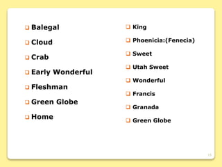 15
 Balegal
 Cloud
 Crab
 Early Wonderful
 Fleshman
 Green Globe
 Home
 King
 Phoenicia:(Fenecia)
 Sweet
 Utah Sweet
 Wonderful
 Francis
 Granada
 Green Globe
 