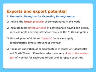 64
Exports and export potential
A. Domestic Strengths for Exporting Pomegranate:
 India is the largest producer of pomegranates in the world
 India produces finest varieties of pomegranate having soft seeds,
very less acids and very attractive colour of the fruits and grains
 With adoption of different “bahars”, India can supply
pomegranates almost throughout the year
 Maximum cultivation of pomegranate is in states of Maharashtra
and North Western Karnataka which are very close to the western
port of Mumbai for exporting to Gulf and European countries
 