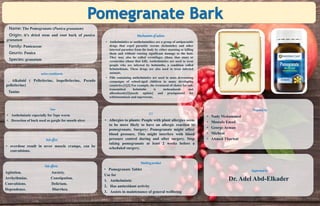 Name: The Pomegranate (Punica granatum)
Origin: it’s dried stem and root bark of punica
granatum
Family: Punicaceae
Geunis: Punica
Species: granatum
active constituents
. Alkaloid ( Pelletierine, isopelletierine, Pseudo
pelletierine)
Tanins
Uses
• Anthelmintic especially for Tape worm
• Decoction of bark used as gargle for mouth ulcer
Mechanism of action
• Anthelmintics or antihelminthics are a group of antiparasitic
drugs that expel parasitic worms (helminths) and other
internal parasites from the body by either stunning or killing
them and without causing significant damage to the host.
They may also be called vermifuges (those that stun) or
vermicides (those that kill). Anthelmintics are used to treat
people who are infected by helminths, a condition called
helminthiasis. These drugs are also used to treat infected
animals.
• Pills containing anthelmintics are used in mass deworming
campaigns of school-aged children in many developing
countries.[1][2] For example, the treatment of choice for soil-
transmitted helminths is mebendazole and
albendazole[3][needs update] and praziquantel for
schistosomiasis and tapeworms.
Side effects
Agitation. Anxiety.
Arrhythmias. Constipation.
Convulsions. Delirium.
Dependence. Diarrhea.
Side effect
• overdose result in sever muscle cramps, can be
convulsions.
Marking product
• Pomegranate Tablet
Use for
1. Anthelmintic
2. Has antioxidant activity
3. Assists in maintenance of general wellbeing
Prepared by
• Nady Mohammed
• Mostafa Emad
• George Ayman
• Micheal
• Ahmed Tharwat
Supervised by
Dr. Adel Abd-Elkader
C.I
• Allergies to plants: People with plant allergies seem
to be more likely to have an allergic reaction to
pomegranate. Surgery: Pomegranate might affect
blood pressure. This might interfere with blood
pressure control during and after surgery. Stop
taking pomegranate at least 2 weeks before a
scheduled surgery.
 