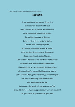 Poeme Inedit Je Me Souviens