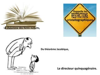Rappelle les


                                                      cristallographiques,

Le théorème des livres ouverts,




                                  Du théorème Jacobique,




                                              Le directeur quinquagénaire.
 