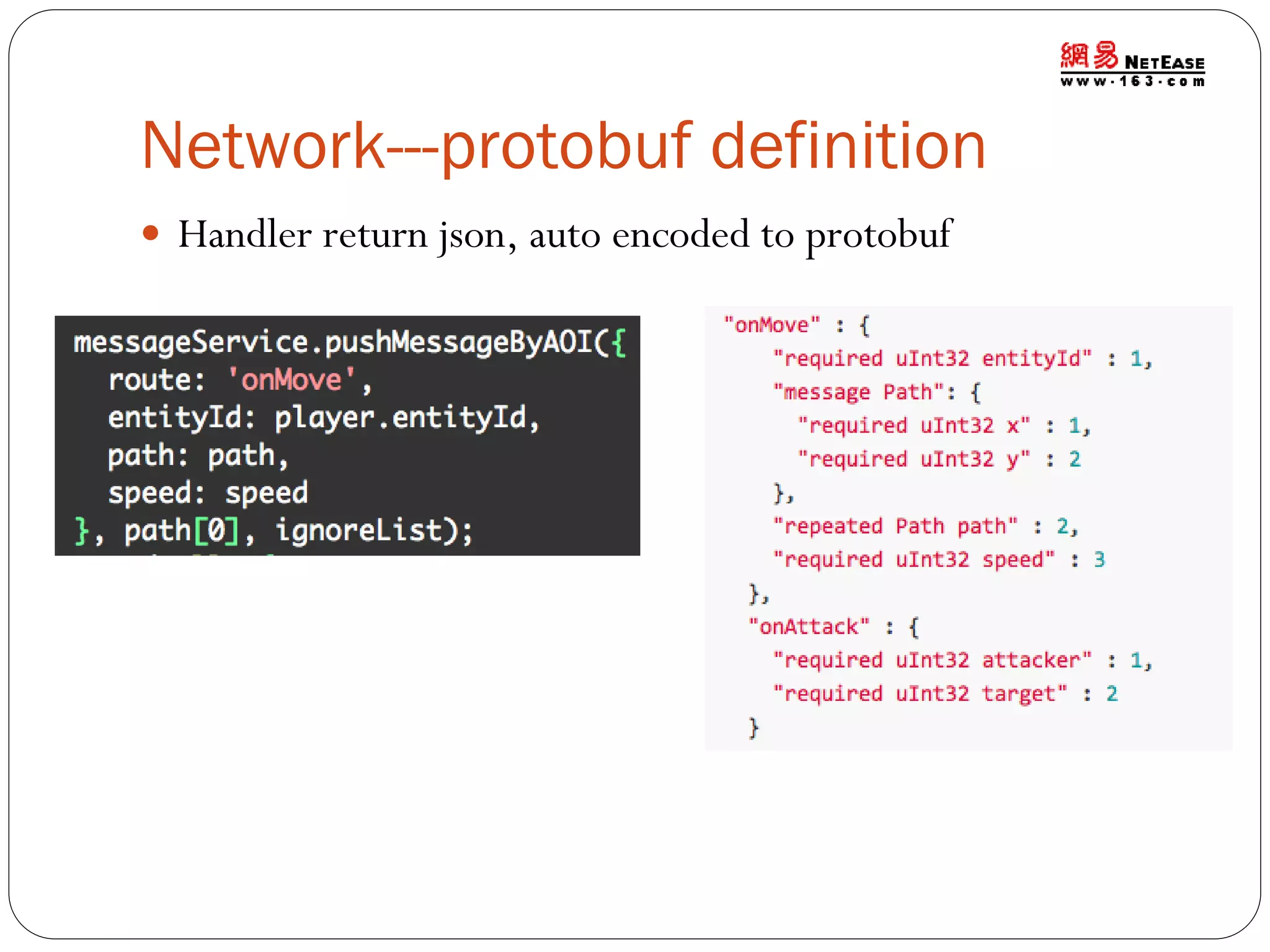 Network---protobuf definition
 Handler return json, auto encoded to protobuf

 