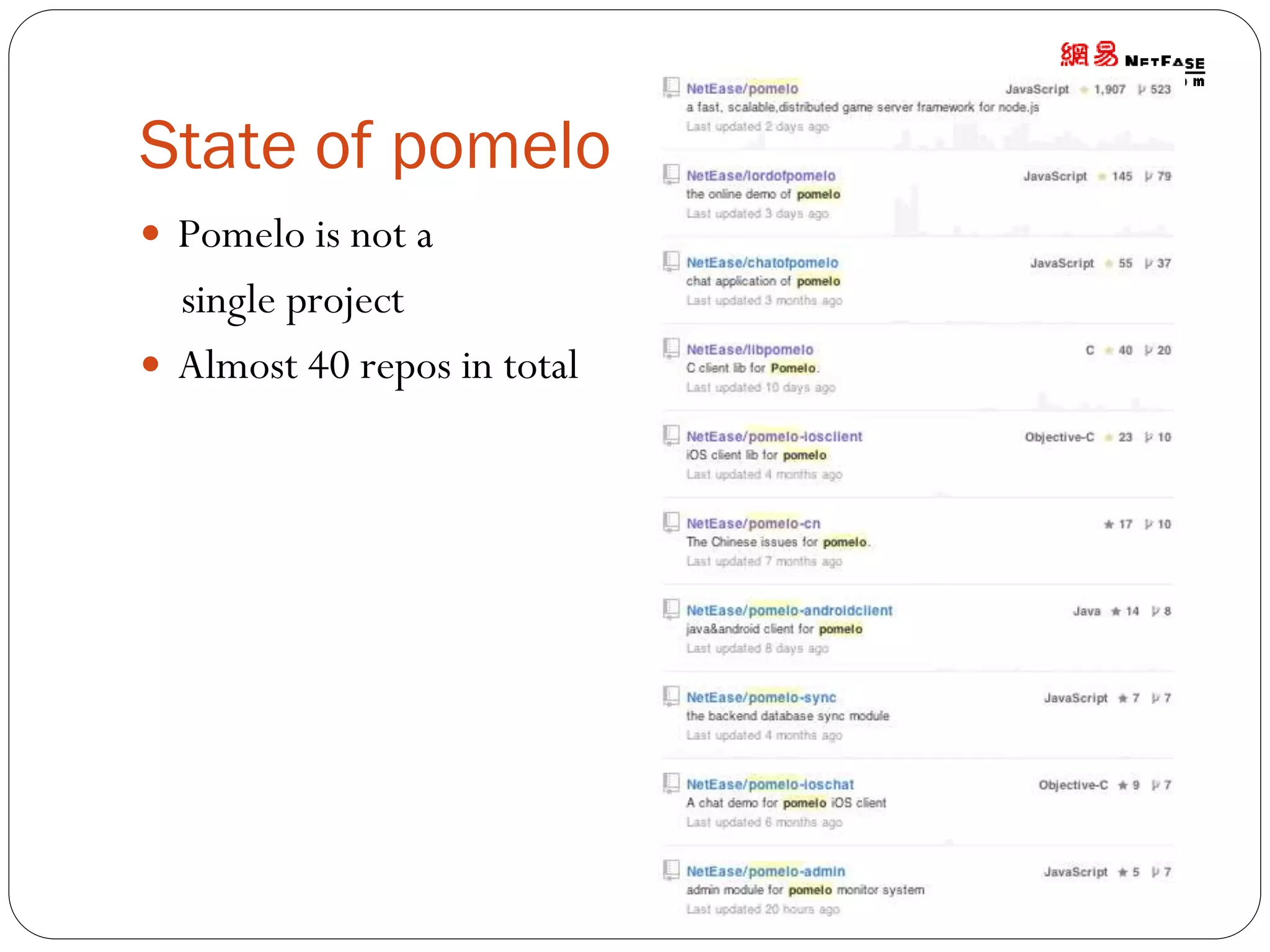 State of pomelo
 Pomelo is not a

single project
 Almost 40 repos in total

 