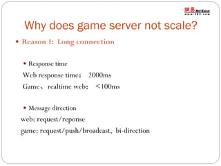 Why does game server not scale?
 Reason 1: Long connection
 Response time

Web response time： 2000ms
Game、realtime web： <100ms
 Message direction

web: request/reponse
game: request/push/broadcast, bi-direction

 
