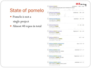 State of pomelo
 Pomelo is not a

single project
 Almost 40 repos in total

 