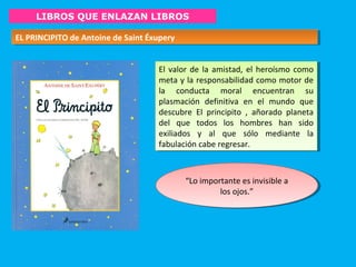 LIBROS QUE ENLAZAN LIBROS
EL PRINCIPITO de Antoine de Saint ÉxuperyEL PRINCIPITO de Antoine de Saint Éxupery
El valor de la amistad, el heroísmo como
meta y la responsabilidad como motor de
la conducta moral encuentran su
plasmación definitiva en el mundo que
descubre El principito , añorado planeta
del que todos los hombres han sido
exiliados y al que sólo mediante la
fabulación cabe regresar.
El valor de la amistad, el heroísmo como
meta y la responsabilidad como motor de
la conducta moral encuentran su
plasmación definitiva en el mundo que
descubre El principito , añorado planeta
del que todos los hombres han sido
exiliados y al que sólo mediante la
fabulación cabe regresar.
“Lo importante es invisible a
los ojos.”
“Lo importante es invisible a
los ojos.”
 