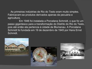 As primeiras indústrias de Rio do Testo eram muito simples. Fabricavam-se produtos derivados apenas da pecuária e agricultura. Em 1946 foi instalada a Porcelana Schmidt, o que foi um passo gigantesco para a transformação do Distrito do Rio do Testo, pois até então ela pertencia à cidade de Blumenau. A Porcelana Schmidt foi fundada em 19 de dezembro de 1945 por Hans Ernst Schmidt. 