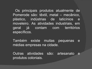 Os principais produtos atualmente de Pomerode são: têxtil, metal – mecânico, plástico, indústrias de laticínios e moveleiro. As atividades industriais, em geral já contam com territórios específicos.  Também existe muitas pequenas e médias empresas na cidade.  Outras atividades são: artesanato e produtos coloniais. 