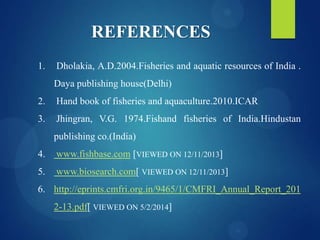 REFERENCES
1.

Dholakia, A.D.2004.Fisheries and aquatic resources of India .
Daya publishing house(Delhi)

2.

Hand book of fisheries and aquaculture.2010.ICAR

3.

Jhingran, V.G. 1974.Fishand fisheries of India.Hindustan
publishing co.(India)

4.

www.fishbase.com [VIEWED ON 12/11/2013]

5.

www.biosearch.com[ VIEWED ON 12/11/2013]

6. http://eprints.cmfri.org.in/9465/1/CMFRI_Annual_Report_201
2-13.pdf[ VIEWED ON 5/2/2014]

 