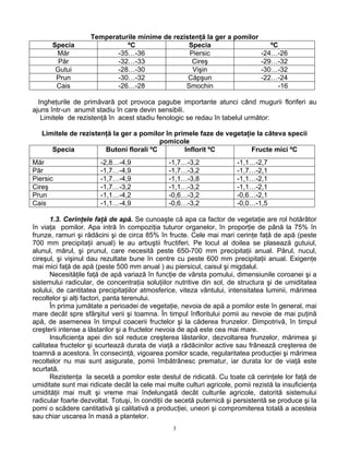 3
Temperaturile minime de rezistenţă la ger a pomilor
Specia ºC Specia ºC
Măr -35…-36 Piersic -24…-26
Păr -32…-33 Cireş -29…-32
Gutui -28…-30 Vişin -30…-32
Prun -30…-32 Căpşun -22…-24
Cais -26…-28 Smochin -16
Ingheţurile de primăvară pot provoca pagube importante atunci când mugurii floriferi au
ajuns într-un anumit stadiu în care devin sensibili.
Limitele de rezistenţă în acest stadiu fenologic se redau în tabelul următor:
Limitele de rezistenţă la ger a pomilor în primele faze de vegetaţie la câteva specii
pomicole
Specia Butoni florali ºC Inflorit ºC Fructe mici ºC
Măr -2,8…-4,9 -1,7…-3,2 -1,1…-2,7
Păr -1,7…-4,9 -1,7…-3,2 -1,7…-2,1
Piersic -1,7…-4,9 -1,1…-3,8 -1,1…-2,1
Cireş -1,7…-3,2 -1,1…-3,2 -1,1…-2,1
Prun -1,1…-4,2 -0,6…-3,2 -0,6…-2,1
Cais -1,1…-4,9 -0,6…-3,2 -0,0…-1,5
1.3. Cerinţele faţă de apă. Se cunoaşte că apa ca factor de vegetaţie are rol hotărâtor
în viaţa pomilor. Apa intră în compoziţia tuturor organelor, în proporţie de până la 75% în
frunze, ramuri şi rădăcini şi de circa 85% în fructe. Cele mai mari cerinţe faţă de apă (peste
700 mm precipitaţii anual) le au arbuştii fructiferi. Pe locul al doilea se plasează gutuiul,
alunul, mărul, şi prunul, care necesită peste 650-700 mm precipitaţii anual. Părul, nucul,
cireşul, şi vişinul dau rezultate bune în centre cu peste 600 mm precipitaţii anual. Exigenţe
mai mici faţă de apă (peste 500 mm anual ) au piersicul, caisul şi migdalul.
Necesităţile faţă de apă variază în funcţie de vârsta pomului, dimensiunile coroanei şi a
sistemului radicular, de concentraţia soluţiilor nutritive din sol, de structura şi de umiditatea
solului, de cantitatea precipitaţiilor atmosferice, viteza vântului, intensitatea luminii, mărimea
recoltelor şi alţi factori, panta terenului.
În prima jumătate a perioadei de vegetaţie, nevoia de apă a pomilor este în general, mai
mare decât spre sfârşitul verii şi toamna. În timpul înfloritului pomii au nevoie de mai puţină
apă, de asemenea în timpul coacerii fructelor şi la căderea frunzelor. Dimpotrivă, în timpul
creşterii intense a lăstarilor şi a fructelor nevoia de apă este cea mai mare.
Insuficienţa apei din sol reduce creşterea lăstarilor, dezvoltarea frunzelor, mărimea şi
calitatea fructelor şi scurtează durata de viaţă a rădăcinilor active sau frânează creşterea de
toamnă a acestora. În consecinţă, vigoarea pomilor scade, regularitatea producţiei şi mărimea
recoltelor nu mai sunt asigurate, pomii îmbătrânesc prematur, iar durata lor de viaţă este
scurtată.
Rezistenţa la secetă a pomilor este destul de ridicată. Cu toate că cerinţele lor faţă de
umiditate sunt mai ridicate decât la cele mai multe culturi agricole, pomii rezistă la insuficienţa
umidităţii mai mult şi vreme mai îndelungată decât culturile agricole, datorită sistemului
radicular foarte dezvoltat. Totuşi, în condiţii de secetă puternică şi persistentă se produce şi la
pomi o scădere cantitativă şi calitativă a producţiei, uneori şi compromiterea totală a acesteia
sau chiar uscarea în masă a plantelor.
 