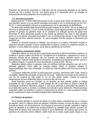 20
Plantările de primăvară executate cu întârziere pot să compromită plantaţia şi să întârzie
intrarea pe rod a pomilor. Se mai pot planta pomi şi în „ferestrele iernii”, cu condiţia ca
temperaturile din timpul plantării să nu scadă sub 0 °C.
2.2. Executarea gropilor
Săpatul gropilor. In teren desfundat gropile se fac cu putţn timp înainte de plantare, sau în
ziua plantării, pentru a nu se pierde umezeala acumulată în sol, cu dimensiunile de 50 / 50 /
60 cm, în cazul plantaţiilor intensive şi superintensive, iar la cele clasice de 80/80/60cm.
Pe terenurile nedesfundate dimensiunile gropilor trebuie să fie de 80 / 80 cm şi adânci de
70 cm şi se efectuează cu 2-3 luni înainte de plantare. După săparea gropilor se trage 2/3 din
pământ în groapa de plantare după ce în prealabil s-a adăugat gunoiul de grajd bine
fermentat. În teren desfundat, gropile se fac înainte de plantare sau chiar în ziua plantării,
pentru a nu se pierde umezeala acumulată în sol, cu dimensiunile reduse în aşa fel încât să
încapă cât mai bine sistemul radicular. În cazul arbuştilor fructiferi gropile cu dimensiuni de
40/40/30 cm.
Gropile se execută manual cu hârleţul, sau mecanic cu burghiul. Pământul rezultat la
săparea manuală a gropilor în teren nedesfundat se separă, urmând ca umplerea gropilor, la
plantare, în zona rădăcinilor pomilor, să se facă cu pământul cel mai fertil.
2.3. Pregătirea materialului săditor
Materialul săditor se procură de la pepinierele pomicole şi până la plantarea acestora se
stratifică în şanţuri adânci de 50-60 cm. Scoaterea de la stratificare, repartizarea în teren şi
plantarea trebuie să se realizeze cât mai operativ pe măsura plantării pentru a evita
deshidratarea. Trebuie multă atenţie la transportul, manipularea şi plantarea pomilor, pentru a
nu vătăma mugurii, în special din zona de proiecţie a coroanei (50 – 80 cm).
Materialul săditor admis la plantare este cel certificat (eticheta albastră) sau cel C.A.C.
(eticheta galbenă). Orice altfel de material săditor folosit la plantare rămâne în
responsabilitatea celui care îl foloseşte. Un astfel de material săditor este bine să fie evitat la
plantare.
La plantare rădăcinile pomilor se fasonează prin scurtare, eliminarea celor rupte, rănite şi
mucegăite. Rădăcinile principale se lasă cât mai lungi, rădăcinile secundare se scurtează cu
cca 1/3 din lungime iar cele subţiri la 1-2 cm sau rămân intacte. Tăierile se execută
perpendicular pe axul rădăcinilor pentru a provoca răni cât mai mici.
După fasonare, pomii se mocirlesc cu un amestec de apă, pământ galben şi balegă
proaspătă de vită (3 părţi pământ, 2 părţi balegă de vită şi apă până se obţine o pastă de
consistenţa smântânii). Mocirlirea asigură o mai bună aderenţă a particulelor de pământ în
jurul rădăcinilor pentru a menţine o umiditate mai ridicată în zona rădăcinilor. Până la plantare
materialul saditor se stratifica in santuri cu adancimea de 50-60 cm, unde se asigură condiţii
pentru menţinerea în stare normală fiziologică (fără deshidratare).
2.4 Tehnica de plantare
Pomii trebuie plantaţi cu punctul de altoire la nivelul solului, asezându-se pe un muşuroi
de pământ, făcut în mijlocul gropii de plantare. Plantatul pomilor se face de către o echipă
formată de obicei, din două persoane. Una fixează şi ţine pomul în poziţie verticală în mijlocul
gropii de plantare şi la adâncimea corespunzătoare iar cealaltă trage pământ provenit din
stratul fertil al solului, bine marunţit şi reavăn în jurul rădăcinilor. Se scutură uşor pomul, ca
pământul să patrundă printre rădăcini, astfel încât să nu existe spaţii goale. După ce s-au
 