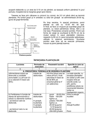 21
acoperit rădăcinile cu un strat de 5-10 cm de pământ, se tasează uniform pământul în jurul
pomului, începând de la marginea gropii spre interior.
Tasarea se face prin călcarea cu piciorul (cu cizma), de 2-3 ori până când se termină
plantarea. Pe fundul gropii şi în amestec cu solul din groapă se administrează 20-30 kg,
gunoi de grajd fermentat.
Pe timp secetos, în special primăvara, pomii
plantaţi se udă cu 15-20 litri de apă.
In final, se face un muşuroi pe suprafaţa gropii de
plantare, cu restul pământului râmas, fără a se
mai tasa. Proiectarea coroanei pomilor. Pomii sub
forma de vargă se scurtează la 60-70 cm de la
nivelul solului în cazul plantaţiilor intensive,
respectiv la 80 cm în cazul coroanelor globuloase,
utilizate în sistemul semiintensiv. Scurtarea
pomilor este bine să se execute primavara,
inclusiv la pomii plantaţi toamna.
ÎNFIINŢAREA PLANTAŢIILOR
Lucrarea Perioada de
executare
Parametrii lucrării Speciile la care se
aplică
0 1 2 3
A. PREGĂTIREA TERENULUI ÎN VEDEREA PLANTĂRII
a)Amendarea solului pe
terenurile cu aciditate
pronunţată ( cu pH sub 5,5
şi cu saturare în baze sub
60%)
Inainte de
desfundare
4-8 t/ha (doza care să
ridice pH la 6, încât
saturarea în baze să
fie de 80% pe
orizontul până la 4°
cm adâncime)
La toate speciile, cu
excepţia plantaţiilor
de castan şi afin care
reuşesc bine pe
solurile acide. La
afin, pentru
acidifierea solului se
recomandă folosirea
turbei ca
îngrăşamânt organic.
b) Fertilizarea în funcţie de
starea de aprovizionare a
solului cu elemente nutritive:
- pe terenuri care se
desfundă,
- pe terenuri care nu se
desfundă.
Inainte de
desfundare
In groapă,
la plantare
In groapă,
la plantare
gunoi 40-50 t/ha
fosfor 150-200
kg/ha s.a.
potasiu 150-200
kg/ha s.a.
20-30 kg gunoi
5-10 kg gunoi
40-50 kg gunoi
250-300 g fosfor
Pomi si arbuşti
fructiferi
Pomi
Arbuşti fructiferi
Pomi
 
