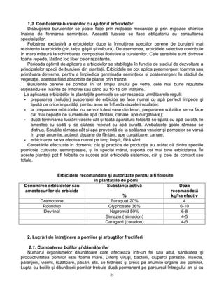 25
1.3. Combaterea buruienilor cu ajutorul erbicidelor
Distrugerea buruienilor se poate face prin mijloace mecanice şi prin mijloace chimice
înainte de formarea seminţelor. Această lucrare se face obligatoriu cu consultarea
specialiştilor.
Folosirea exclusivă a erbicidelor duce la înmulţirea speciilor perene de buruieni mai
rezistente la erbicide (pir, talpa gâştii şi volbură). De asemenea, erbicidele selective contribuie
în mare măsură la schimbarea compoziţiei floristice a buruienilor. Cele sensibile sunt distruse
foarte repede, lăsând loc liber celor rezistente.
Perioada optimă de aplicare a erbicidelor se stabileşte în funcţie de stadiul de dezvoltare a
principalelor specii de buruieni din plantaţii. Erbicidele se pot aplica preemergent toamna sau
primăvara devreme, pentru a împiedica germinaţia seminţelor şi postemergent în stadiul de
vegetaţie, acestea fiind absorbite de plante prin frunze.
Buruienile perene se combat în tot timpul anului pe vetre, cele mai bune rezultate
obţinându-se înainte de înflorire sau când au 10-15 cm înălţime.
La aplicarea erbicidelor în plantaţiile pomicole se vor respecta următoarele reguli:
- prepararea (soluţiei) suspensiei de erbicide se face numai cu apă perfect limpede şi
lipsită de orice impurităţi, pentru a nu se înfunda duzele instalaţiei;
- la prepararea erbicidelor nu se vor folosi vase din lemn, prepararea soluţiilor se va face
cât mai departe de sursele de apă (fântâni, canale, ape curgătoare);
- după terminarea lucrării vasele cât şi toată aparatura folosită se spală cu apă curată, în
amestec cu sodă şi se clătesc repetat cu apă curată. Ambalajele goale rămase se
distrug. Soluţiile rămase cât şi apa provenită de la spălarea vaselor şi pompelor se varsă
în gropi anumite, adânci, departe de fântâni, ape curgătoare, canale;
- erbicidarea se va efectua numai pe timp liniştit, fără vânt.
Cercetările efectuate în domeniu cât şi practica de producţie au arătat că dintre speciile
pomicole cultivate, seminţoasele, şi în special mărul, suportă cel mai bine erbicidarea. În
aceste plantaţii pot fi folosite cu succes atât erbicidele sistemice, cât şi cele de contact sau
totale.
Erbicidele recomandate şi autorizate pentru a fi folosite
în plantaţiile de pomi
Denumirea erbicidelor sau
amestecurilor de erbicide
Substanţa activă
%
Doza
recomandată
kg/ha efectiv
Gramoxone Paraquat 20% 4
Roundup Glyphosate 36% 6-10
Devrinol Napromid 50% 6-8
Simazin ( simadon) 4-5
Caragard (caradon) 4-5
2. Lucrări de întreţinere a pomilor şi arbuştilor fructiferi
2.1. Combaterea bolilor şi dăunătorilor
Numărul organismelor dăunătoare care afectează într-un fel sau altul, sănătatea şi
productivitatea pomilor este foarte mare. Diferiţi viruşi, bacterii, ciuperci parazite, insecte,
păianjeni, viermi, rozătoare, păsări, etc. se hrănesc şi cresc pe anumite organe ale pomilor.
Lupta cu bolile şi dăunătorii pomilor trebuie dusă permanent pe parcursul întregului an şi cu
 