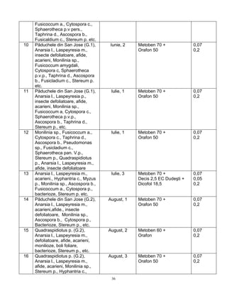 36
Fusicoccum a., Cytospora c.,
Sphaerotheca p.v pers.,
Taphrina d., Ascospora b.,
Fusicaldium c., Stereum p. etc.
10 Păduchele din San Jose (G.1),
Anarsia l., Laspeyresia m.,
insecte defoliatoare, afide,
acarieni, Monilinia sp.,
Fusicoccum amygdali,
Cytospora c, Sphaerotheca
p.v.p., Taphrina d., Ascospora
b., Fusicladium c., Stereum p.
etc.
Iunie, 2 Metoben 70 +
Orafon 50
0,07
0,2
11 Păduchele din San Jose (G.1),
Anarsia l., Laspeyresia p.,
insecte defoliatoare, afide,
acarieni, Monilinia sp.,
Fusicoccum a, Cytospora c.,
Sphaerotheca p.v.p.,
Ascospora b., Taphrina d.,
Stereum p., etc.
Iulie, 1 Metoben 70 +
Orafon 50
0,07
0,2
12 Monilinia sp., Fusicoccum a.,
Cytospora c., Taphrina d.,
Ascospora b., Pseudomonas
sp., Fusicladium c.,
Sphaerotheca pan. V.p.,
Stereum p., Quadraspidiotus
p., Anarsia l., Laspeyresia m.,
afide, insecte defoliatoare
Iulie, 1 Metoben 70 +
Orafon 50
0,07
0,2
13 Anarsia l., Laspeyresia m.,
acarieni., Hyphantria c., Myzus
p., Monilinia sp., Ascospora b.,
Fusicoccum a., Cytospora p.,
bacterioze, Stereum p. etc.
Iulie, 3 Metoben 70 +
Decis 2,5 EC Dudeşti +
Dicofol 18,5
0,07
0,05
0,2
14 Păduchele din San Jose (G.2),
Anarsia l., Laspeyresia m.,
acarieni,afide., insecte
defoliatoare, Monilinia sp.,
Ascospora b., Cytospora p.,
Bacterioze, Stereum p., etc.
August, 1 Metoben 70 +
Orafon 50
0,07
0,2
15 Quadraspidiotus p. (G.2),
Anarsia l., Laspeyresia m.,
defoliatoare, afide, acarieni,
monilioze, boli foliare,
bacterioze, Stereum p., etc.
August, 2 Metoben 60 +
Orafon
0,07
0,2
16 Quadraspidiotus p. (G.2),
Anarsia l., Laspeyresia m.,
afide, acarieni, Monilinia sp.,
Stereum p., Hyphantria c.,
August, 3 Metoben 70 +
Orafon 50
0,07
0,2
 