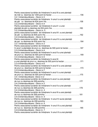 Pentru executarea lucrărilor de întreţinere în anul III a unei plantaţii
de măr cu desimea de 1250 pomi la hectar………………………………………156
3.2.1.Antemăsurătoare – Deviz nr.3
Pentru executarea lucrărilor de întreţinere în anul I a unei plantaţii
de păr cu desimea de 834 pomi /ha……………………………………………..158
3.2.2.Antemăsurătoare – Deviz nr.4
Pentru executarea lucrărilor de întreţinere în anul II a unei
plantaţii de păr cu desimea de 834 pomi /ha……………………………………..160
3.2.3.Antemăsurătoare – Deviz nr. 5
pentru executarea lucrărilor de întreţinere în anul III a unei plantaţii
de păr cu desimea de 834 pomi /ha……………………………………………....162
3.2.4.Antemăsurătoare – Deviz nr. 6
Pentru executarea lucrărilor de întreţinere în anul IV a unei plantaţii
de par cu desimea de 834 pomi /ha……………………………………………….164
3.3.1.Antemăsurătoare – Deviz nr.3
Pentru executarea lucrărilor de întreţinere
în anul I a plantaţiei de prun cu desimea de 500 pomi la hectar……………….167
3.3.2.Antemăsurătoare – Deviz nr.4
Pentru executarea lucrărilor de întreţinere în anul II a unei plantaţii
de prun cu desimea de 500 pomi la hectar……………………………………….169
3.3.3.Antemăsurătoare – Deviz nr.5
Pentru executarea lucrărilor de întreţinere în anul III
a unei plantaţii de prun cu desimea de 500 pomi la hectar…………………..…171
3.3.4.Antemăsurătoare – Deviz nr.6
Pentru executarea lucrărilor de întreţinere în anul IV a unei plantaţii
de prun cu desimea de 500 pomi la hectar……………………………………….173
3.3.5.Antemăsurătoare – Deviz nr.7
Pentru executarea lucrărilor de întreţinere în anul V a unei plantaţii
de prun cu desimea de 500 pomi la hectar……………………………………....175
3.4.1.Antemăsurătoare –Deviz nr.2
Pentru executarea lucrărilor de întreţinere în anul I a unei plantaţii
de nuc cu desimea de 208 pomi/ha……………………………………………….177
3.4.2.Antemăsurătoare – Deviz nr.3
Pentru executarea lucrărilor de întreţinere în anul II a unei plantaţii
de nuc cu desimea de 208 pomi/ha……………………………………………….179
3.4.3.Antemăsurătoare - Deviz nr. 4
Pentru executarea lucrărilor de întreţinere în anul III a unei plantaţii
de nuc cu desimea de 208 pomi/ha ………………………………………………181
3.4.4.Antemăsurătoare - Deviz nr. 5
Pentru executarea lucrărilor de întreţinere în anul IV aunei plantaţii
de nuc cu desimea de 208 pomi/ha ………………………………………………183
3.4.5.Antemăsurătoare - Deviz nr. 6
Pentru executarea lucrărilor de întreţinere în anul VI a unei plantaţii
de nuc cu desimea de 208 pomi/ha ………………………………………………185
3.4.6.Antemăsurătoare - Deviz nr. 7
Pentru executarea lucrărilor de întreţinere în anul VI a unei plantaţii
 