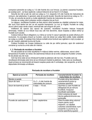 82
compoturi piersicile se culeg cu 1-2 zile înainte de a se înmuia. La piersic coacerea fructelor,
pe acelaşi pom , se face eşalonat, culesul trebuind să se facă în 3-4 etape.
Soiurile de măr şi păr de vară se culeg cu 1-3, respectiv 4-5 zile înainte de maturarea de
consum, dar păstrarea, în general, este de scurtă durată. Soiurile de toamnă se culeg cu 10 –
15 zile, iar soiurile de iarnă cu multe săptămâni înainte de maturarea de consum.
Gutuile se culeg când culoarea verde a dispărut de pe fruct.
La căpşun, recoltarea fructelor se face atunci când acestea au căpătat culoarea lor roşie,
dar sunt încă destul de tari ca să suporte transportul. La nuc şi migdal, fructele se culeg
atunci când coaja verde crapă, eventual ele cad singure din pom.
Indiferent de specie sau epoca de coacere, recoltarea fructelor trebuie începută
dimineaţa, îndată ce s-a ridicat roua sau cât mai devreme, dacă noaptea a bătut vântul şi
fructele sunt uscate.
Culesul trebuie făcut obligatoriu cu mâna şi numai în cazuri speciale se poate efectua prin
scuturare. Cu excepţia zmeurii şi murelor, care de obicei se culeg fără codiţă, toate celelalte
se culeg cu codiţă. În acelaşi timp trebuie evitată orice lovitură sau zgâriere a cojii şi pulpei, şi
pe cât posibil, păstrată bruma de fructe.
Culesul fructelor se începe totdeauna cu cele de pe vârful pomului, apoi din exteriorul
coroanei şi numai la urmă cele din interior.
1. 3. Perioada de recoltare a fructelor
Pe cât posibil să se evite recoltarea în mijlocul zilelor senine, călduroase, atunci când
temperatura fructelor se ridică. De asemenea trebuie să se evite culegerea fructelor umede,
fie de ploaie sau de rouă.
Cel mai bine este să se introducă fructele la păstrare cât mai reci. Fructele care se
recoltează dimineaţa este bine să se introducă imediat la păstrare. Cele care se recoltează
după amiaza se recomandă să treacă noaptea peste ele în ambalaje, dar acoperite, şi să fie
depozitate dimineaţa următoare.
Perioada de recoltare a fructelor
Specia şi soiurile Perioada de recoltare Caracteristicile fructelor la
maturitatea de recoltare
Merele şi perele
Soiuri de vară Cu 3 – 4 zile înainte de
maturitatea de consum
Fructele ating dezvoltarea
caracteristică soiului şi
culoarea specifică
Soiuri de toamnă şi iarnă 5 sept. – 15 oct. Uşurinţa cu care fructele se
detaşează de pe ramura
fructiferă, începutul
brunificării seminţelor
Gutuile Octombrie Când culoarea de bază
devine galbenă-limonie sau
portocalie
Prunele de vară-toamnă Iulie - septembrie Când fructele ating volumul
maxim pentru soiul
respectiv, au căpătat
culoarea caracteristică, sunt
acoperite cu pruină şi au
aroma specifică şi gustul
 