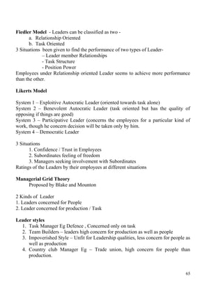 Fiedler Model - Leaders can be classified as two -
a. Relationship Oriented
b. Task Oriented
3 Situations been given to find the performance of two types of Leader-
– Leader member Relationships
- Task Structure
- Position Power
Employees under Relationship oriented Leader seems to achieve more performance
than the other.
Likerts Model
System 1 – Exploitive Autocratic Leader (oriented towards task alone)
System 2 – Benevolent Autocratic Leader (task oriented but has the quality of
opposing if things are good)
System 3 – Participative Leader (concerns the employees for a particular kind of
work, though he concern decision will be taken only by him.
System 4 – Democratic Leader
3 Situations
1. Confidence / Trust in Employees
2. Subordinates feeling of freedom
3. Managers seeking involvement with Subordinates
Ratings of the Leaders by their employees at different situations
Managerial Grid Theory
Proposed by Blake and Mounton
2 Kinds of Leader
1. Leaders concerned for People
2. Leader concerned for production / Task
Leader styles
1. Task Manager Eg Defence , Concerned only on task
2. Team Builders – leaders high concern for production as well as people
3. Impoverished Style – Unfit for Leadership qualities, less concern for people as
well as production
4. Country club Manager Eg – Trade union, high concern for people than
production.
65
 